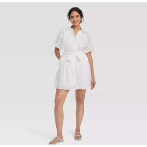 Women's Eyelet Balloon Short Sleeve Mini Shirt Dress Sz XS White -A New Day-